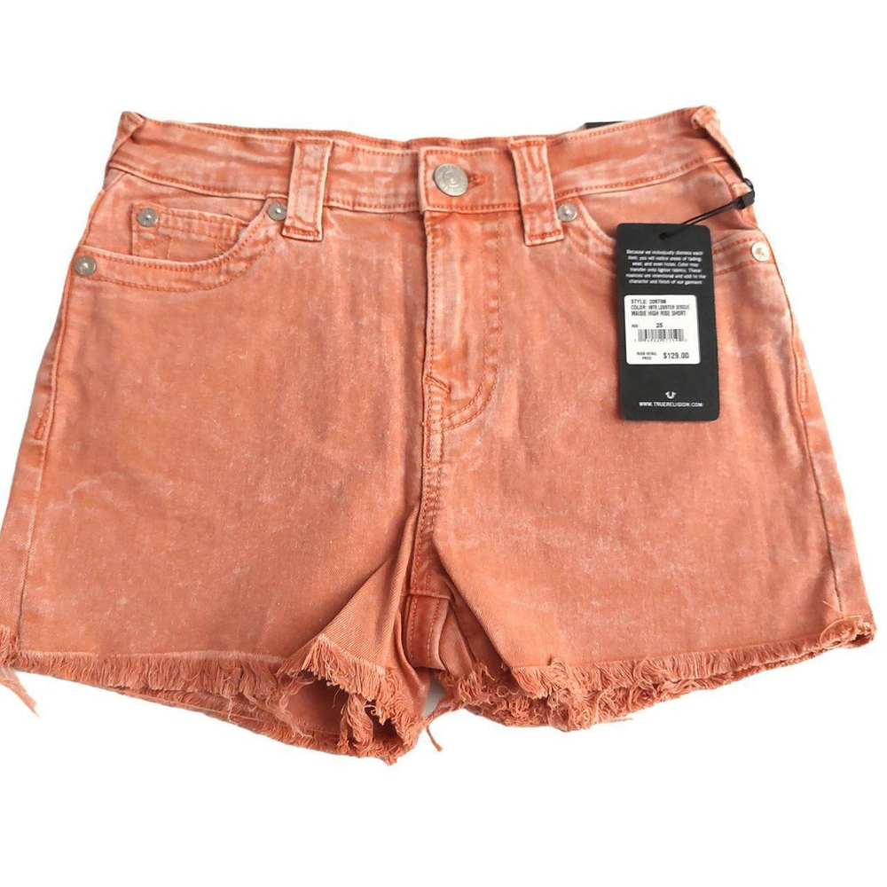 True Religion Jeans Maisie High Rise Denim Shorts Salmon Bisque Sz 33